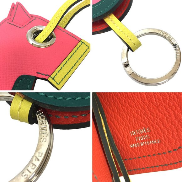 HERMES Camail Key Ring Charm Holder Rose Azalee x Malachite Lime Wallet Access. - Picture 3 of 3